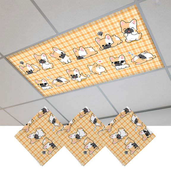 3 Pcs Playful Puppy Fluorescent Light Covers Modern Cute Corgi Dog Kawaii Orange Plaid Magnetic Light Covers for Ceiling Lights 4 x 2 ft Drop Ceiling Lights Cover Shade for Office, Home, Hospital