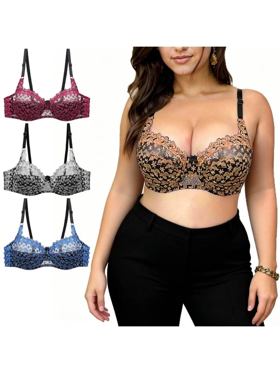 3 Pcs Plus Size Lace Bras for Women Lightweight Underwire Push Up Bralettes Floral Embroidered Lifting Unlined Bra 44D, Hot Pink/Gray/Blue