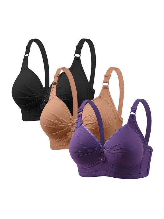 3 Pcs Plus Size Push Up Bras for Women Full Coverage Wireless Brassieres Supportive Breathable Senior Bra 44BC, Brown/Black/Purple