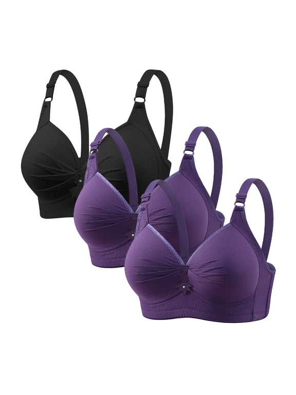3 Pcs Plus Size Push Up Bras for Women Full Coverage Wireless Brassieres Supportive Breathable Senior Bra 48BC, Purple/Black