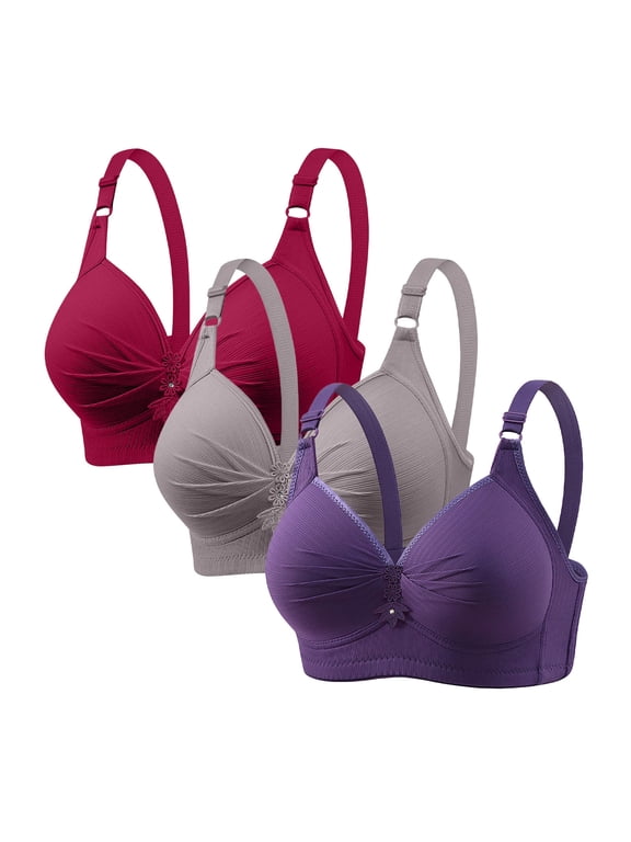 3 Pcs Plus Size Push Up Bras for Women Full Coverage Wireless Brassieres Supportive Breathable Senior Bra 48BC, Wine/Gray/Purple