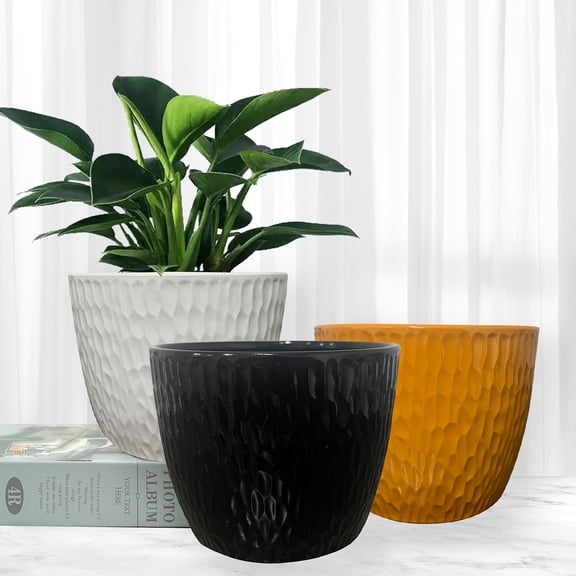 3-Pcs PolyStone Round Planters - Lightweight, Weather-Resistant for Indoor/Outdoor Use