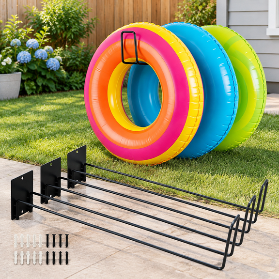 3 Pcs Pool Float Storage Holder, 17.3 Inch Wall Mount Pool Float Organizer Storage Rack with Hangers for Swimming Ring, Towel, Tools & More Storage Indoor Outdoor Space-Saving