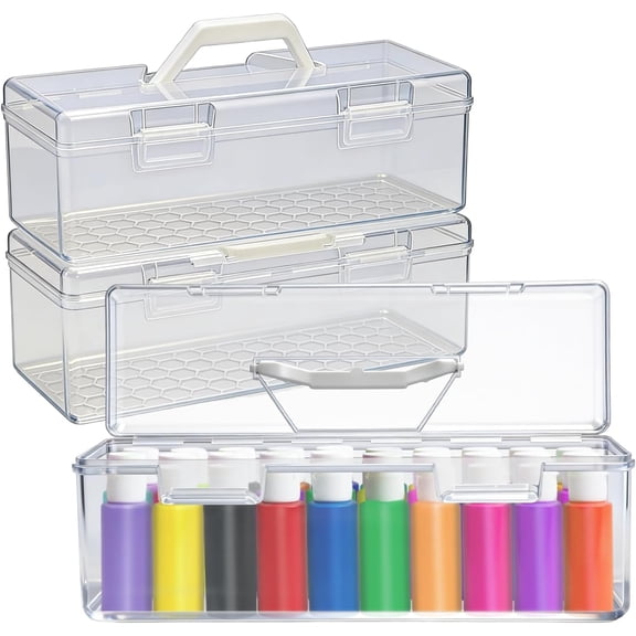 3 Pcs Portable Acrylic Clear Plastic Paint Storage Box with Handle for 2 fl oz Bottles | Double Buckle Security, Portable and Stackable, High Transparency, Thickened Acrylic Material