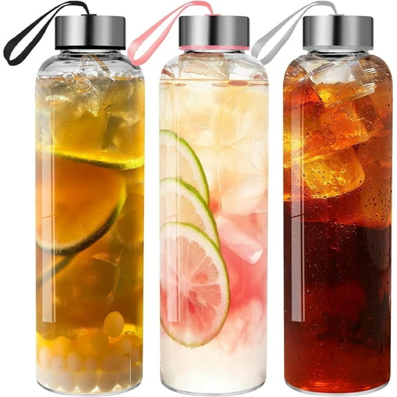 Goldarea 18oz Glass Water Bottles with Stainless Steel Lids,3pack Reusable Portable Drinking Bottles for Juice,Water,Coffee.