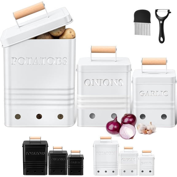 3 Pcs Potato Onion Garlic Storage Bin Metal Vegetable Keeper Container with Lid Aerating Hole Farmhouse Style for Kitchen Counter Pantry Sweet-potato Carrot Fruit Keep Fresh Longer (White)