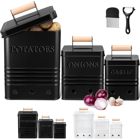 3 Pcs Potato Onion Garlic Storage Bin Metal Vegetable Keeper Container with Lid Aerating Hole Farmhouse Style for Kitchen Counter Pantry Sweet-potato Carrot Fruit Keep Fresh Longer