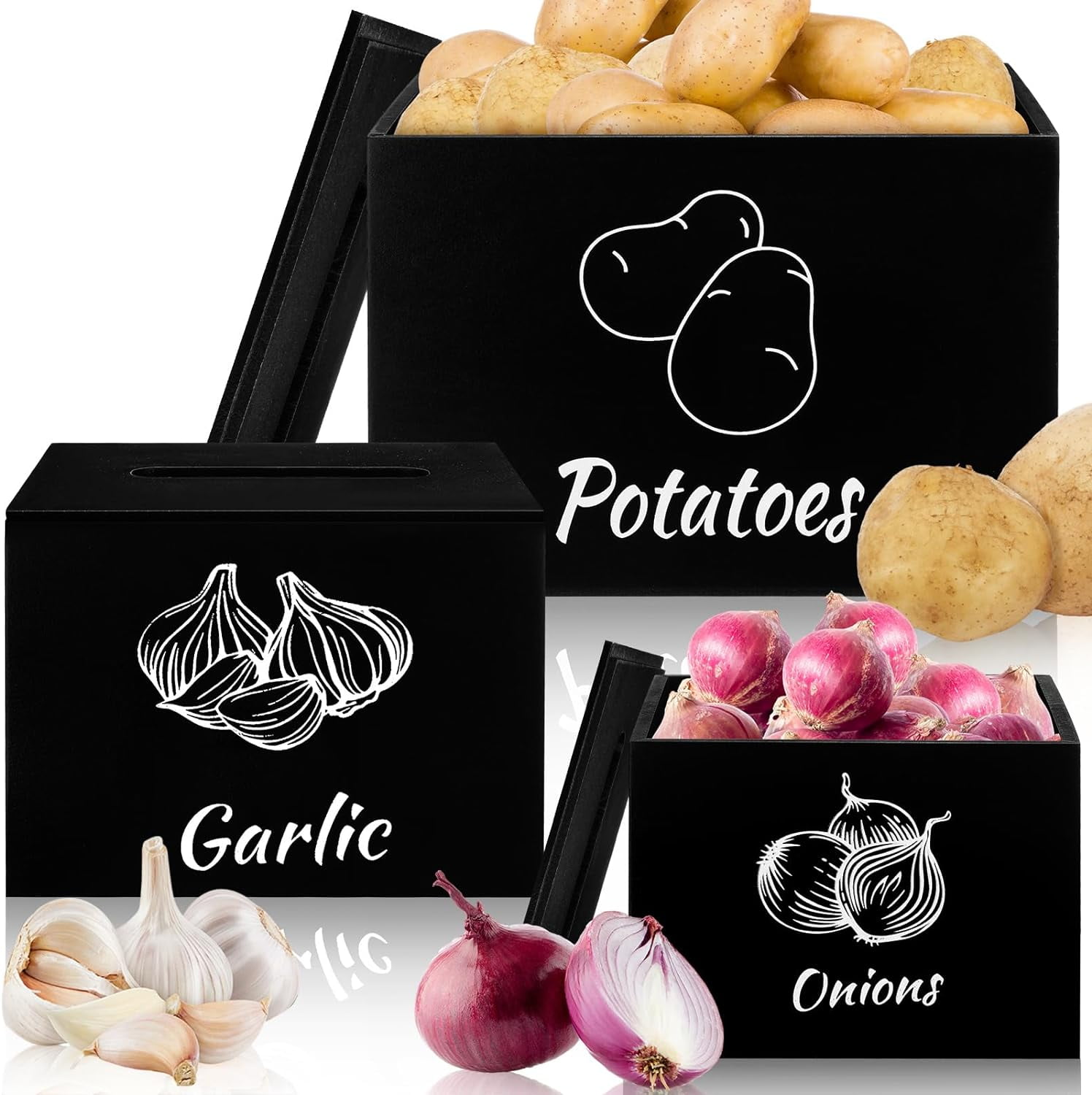 3 Pcs Potato and Onion Storage Bin, Kitchen Wooden Garlic Storage