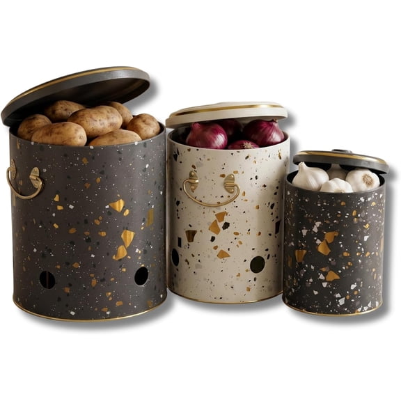 3 Pcs Potato and Onion Storage Bin with Garlic Keeper- Vintage Metal Kitchen Canisters - Farmhouse Vegetable Bins Pantry Organization- Rustic Model