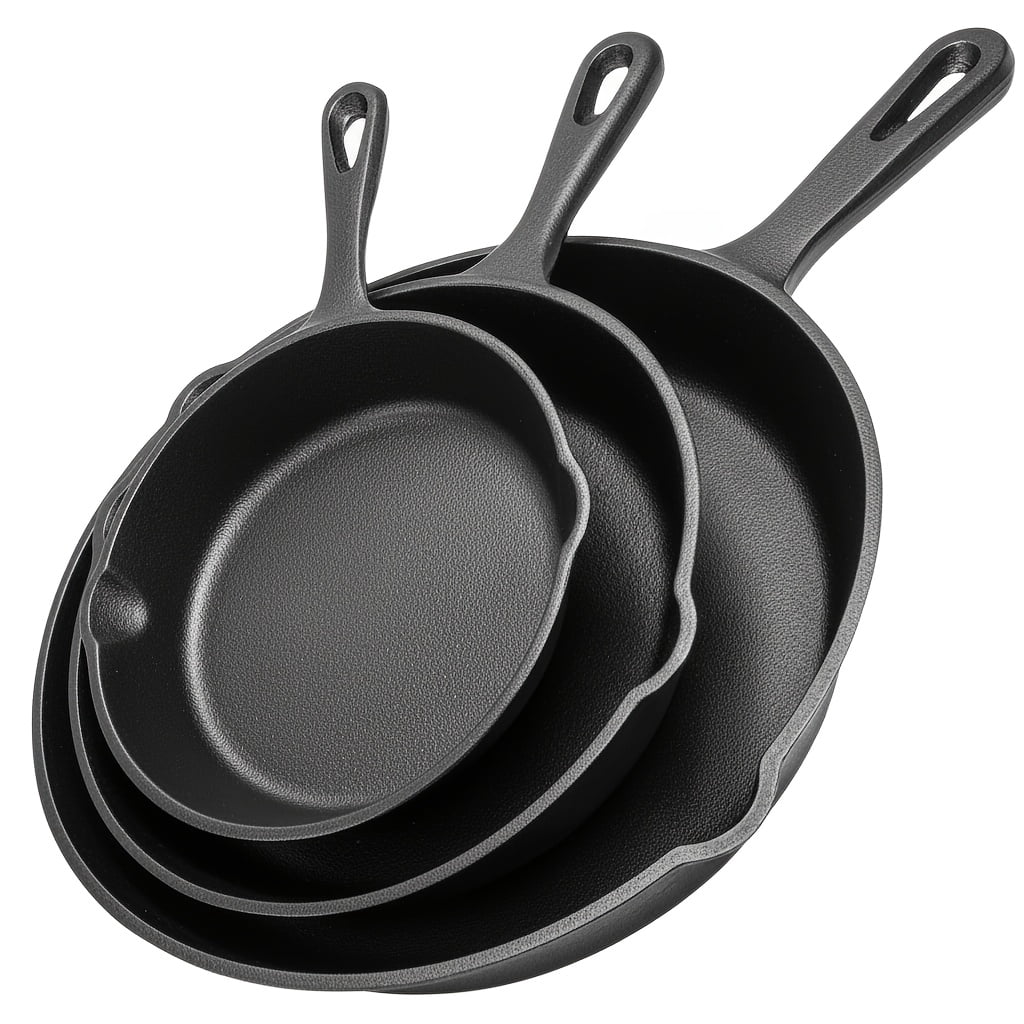 3 Pcs Premium Cast Iron Skillet Set, Non-Stick Frying Pan with Drip Spout, Durable Cookware for Holiday Cooking, RV Living, Campfire and Outdoor Meals