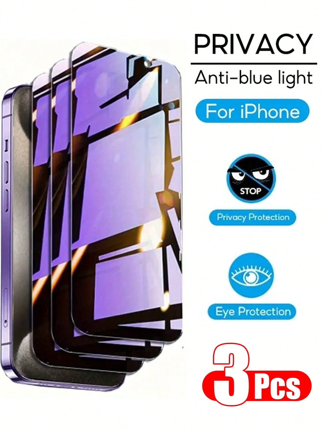 3 Pcs [ Privacy+ Anti Blue Light ] Tempered Glass Screen Protector Film ...