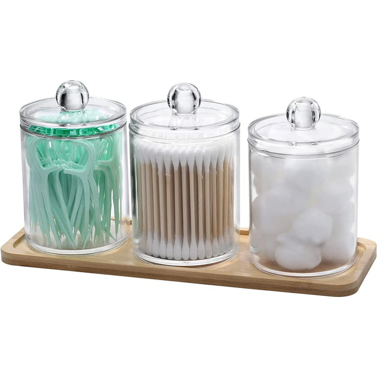 4 Pack Qtip Holder Distributeur pour boule de coton, coton-tige, tampons  ronds de coton, soie dentaire - 10 Oz Clear Plastic Apothecary Jar Set