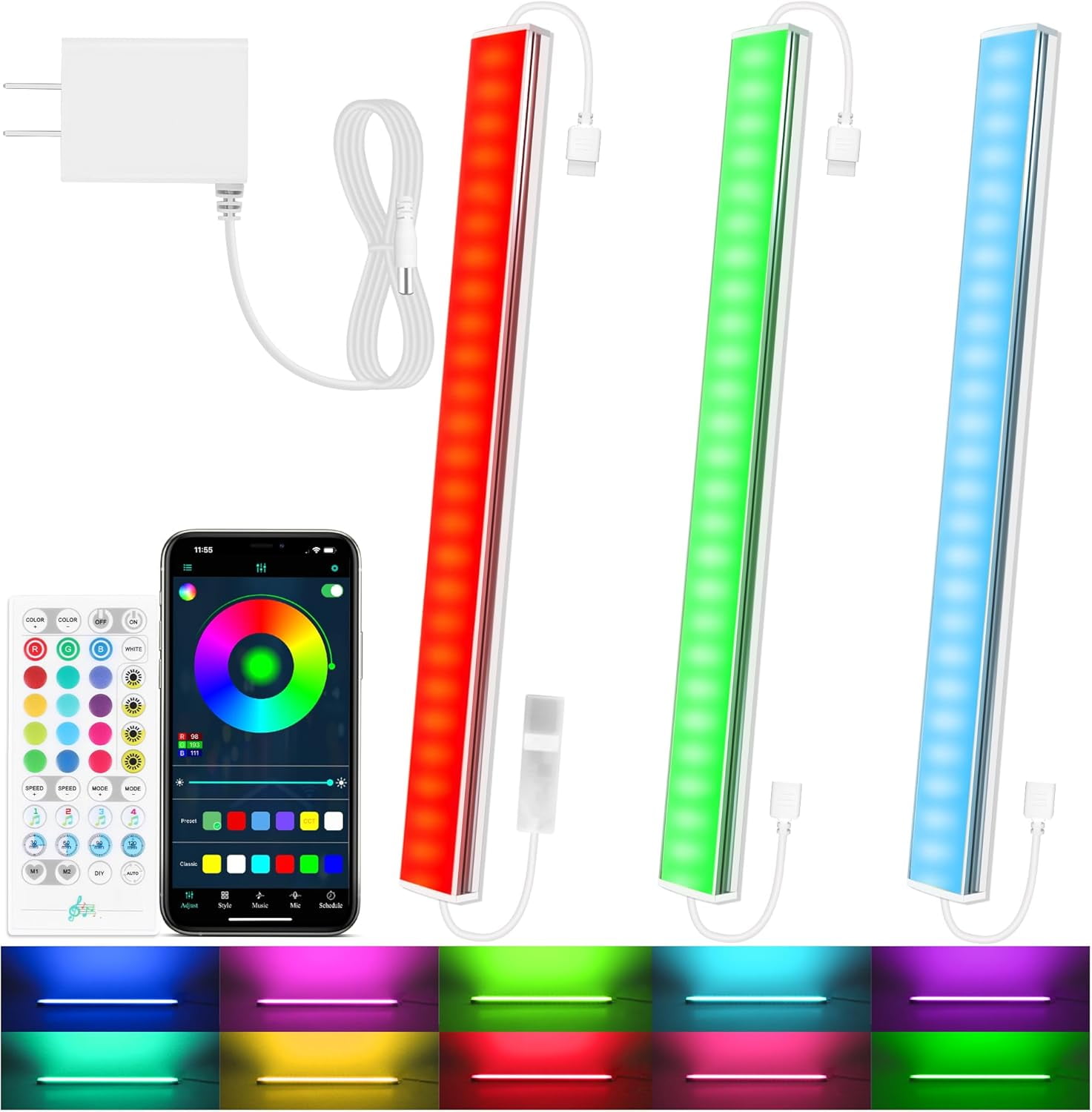 3 Pcs RGB Under Cabinet Lights Kit, Smart App and Remote Control Lighting, Dimmable Counter for Kitchen, Plug in LED Bar Cabinet, Counter, Workbench, Desk