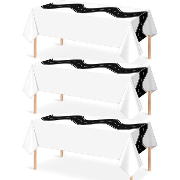 3 Pcs Racing Car Table Cloths Party Decorations, Disposable White Black Racetrack Table Covers Road Tablecloth for Car Theme Birthday Party Supplies, 54x108 Inches
