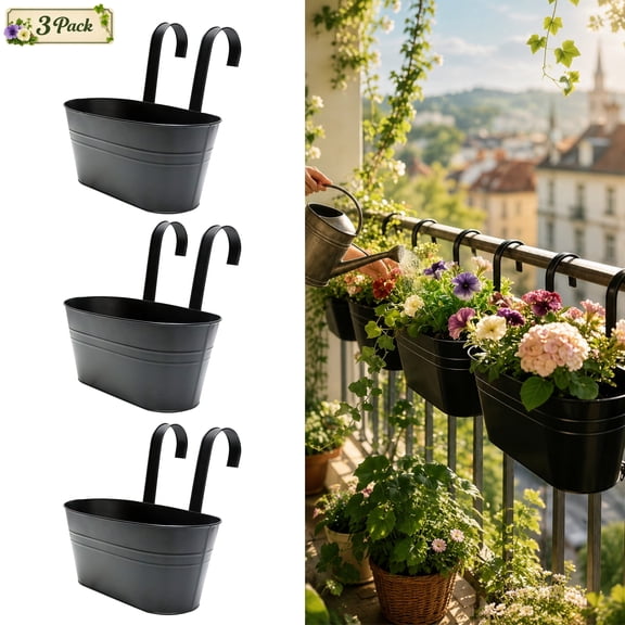 3 Pcs Railing Planter Box for Outdoor Plants, Black Balcony Planters with Detachable Hooks & Drain Holes, Oval Hanging Flower Pots, Deck Railing Planter Boxes for Fence, Windowsill, Garden Decor