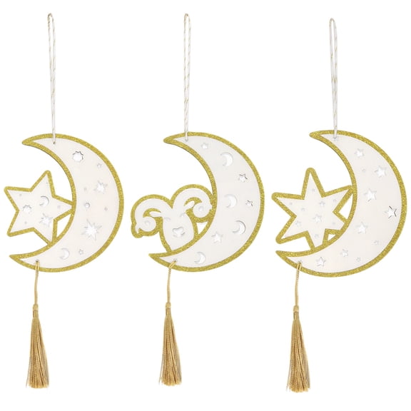 3 Pcs Ramadan Hanging Ornaments, Wooden Eid Decorations with Tassels, Gold Crescent Moon Star, Window Wall Tree Decor, 13.78 in / 35 cm Middle Eastern Festive Wall Decor