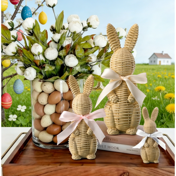 3 Pcs Rattan Effect Resin Easter Bunny Figurines – Bow Accent Garden Statues, Perfect Spring Table Centerpieces for Indoor Outdoor Patio Farmhouse Decor