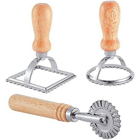 3 Pcs Ravioli Cutter with Roller Wheel Set Cutter Dough Pasta Maker Mold with Wooden Handle Fluted Edge Pasta Press Kitchen Attachment Stamps Set