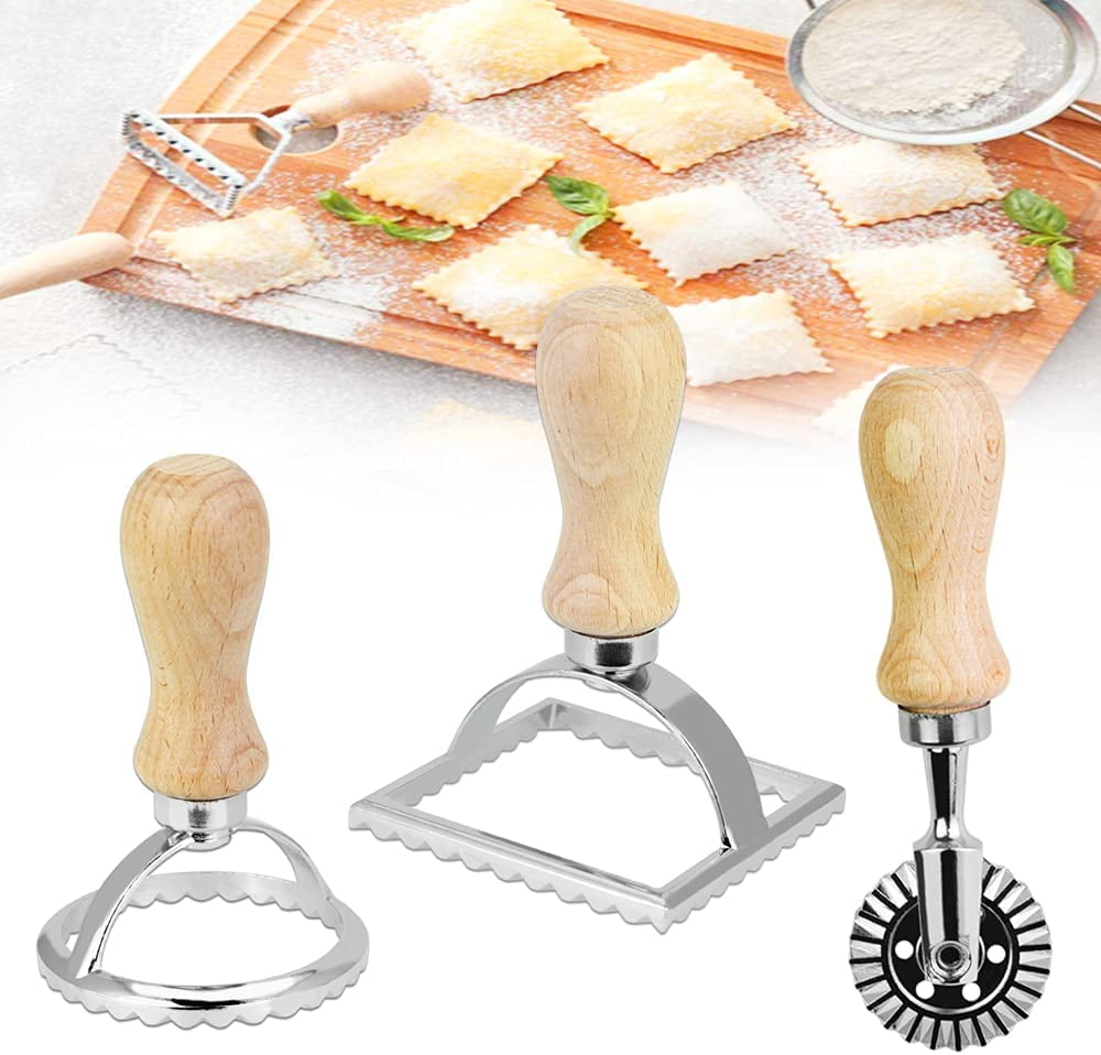 3 Pcs Ravioli Stamp Set, Stainless Steel Ravioli Cutters Pasta Stamp with Wooden Handle Ravioli