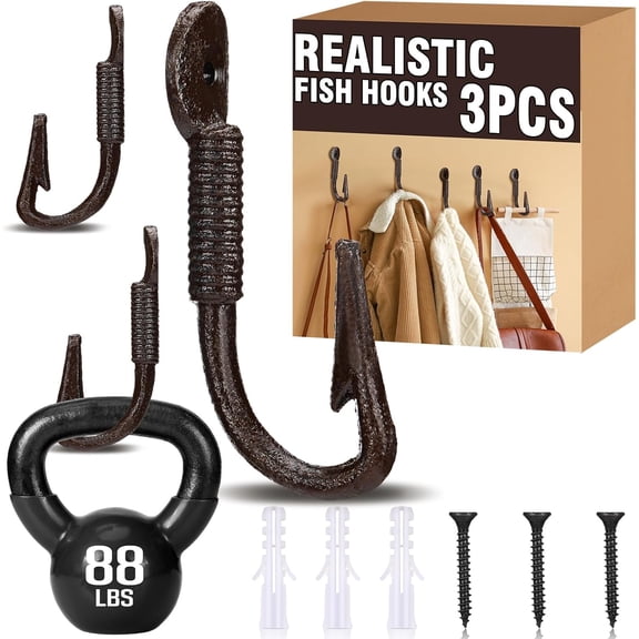 3 Pcs Realistic Fish Hooks for Hats Solid Cast Iron Rustic Brown Fish Hook Wall Mount 4.5" x 2" Coastal Themed Wall Hangers for Coats Bags Keys