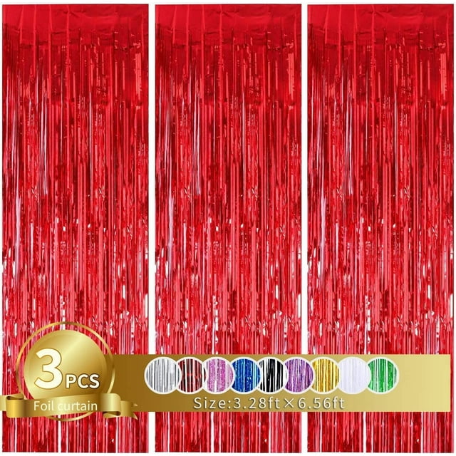 3 Pcs Red Metallic Foil Curtains, 3.28ft x 6.56ft Laser Glitter Fringe Rain Curtain Shine Photo Booth Backdrop Tinsel Curtain Streamer for Wedding Christmas New YearBaby Shower Celebration Party