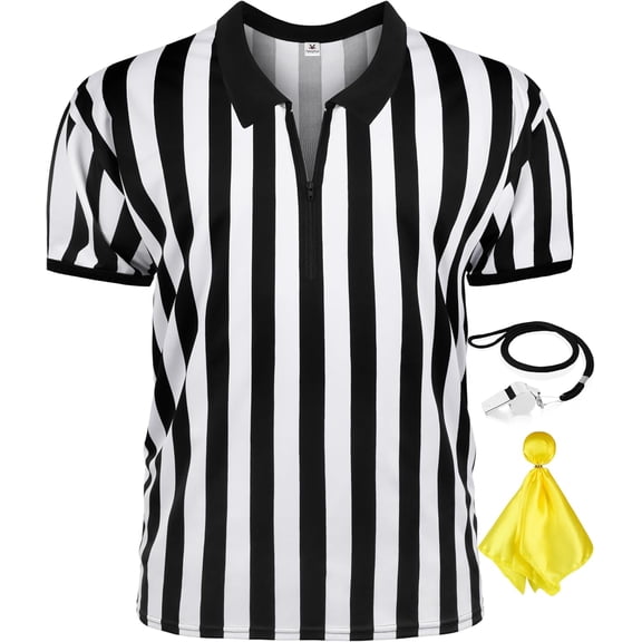 3 Pcs Referee Shirt, Costume Men Women Zipper Collar and White Striped Ref Shirt for Football Soccer Sports