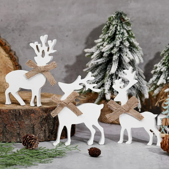 3 Pcs Reindeer Christmas Decorations Indoor Wooden Reindeer Christmas Tiered Tray Decor White Rustic Block Sign for Xmas Winter Centerpieces Home Office Table Shelf Desk Mantel Decor