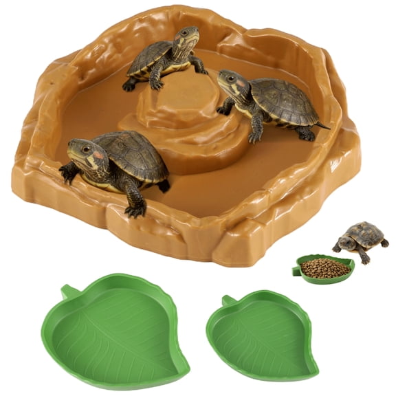 3 Pcs Reptile Water Dishes Non-slip, Includes 7.5 in Tortoise Water Bowl with Island Design, 6.1 in & 4.7 in Leaf Dishes, Easy to Clean Resin Turtle Pool Set