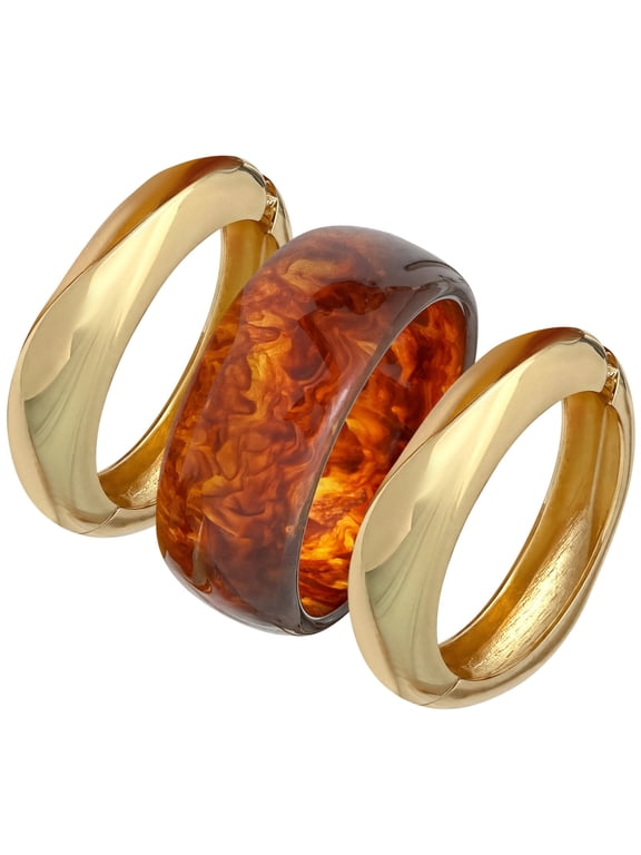 3 Pcs Resin Bangles for Women, Gold and Brown, Metallic Luster Wide Band Design, Irregular Organic Shape, Versatile Stylish Statement Jewelry