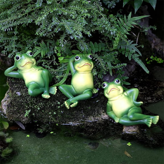 HOOWIFFY Resin Frog Figurines Green Outdoor Garden Decor Set of 3 Lawn Ornaments