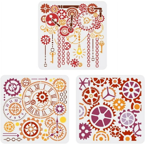 3 Pcs Retro Gear Painting Stencil 11.8x11.8inch Reusable Steampunk Gear Steampunk Chain Key Pattern Drawing Template Gear Clocks Stencil Wall Fabric Furniture Real 18K Gold Plated