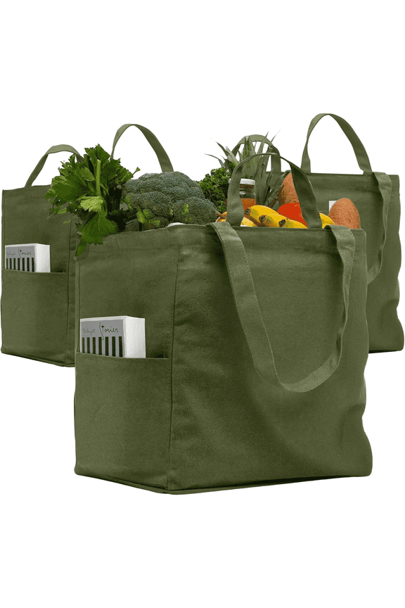 3 Pcs Reusable Grocery Bags - Heavy Duty Canvas Bag, Large Grocery Tote for Shopping, Picnic, and Daily, 100% Cotton (Army)