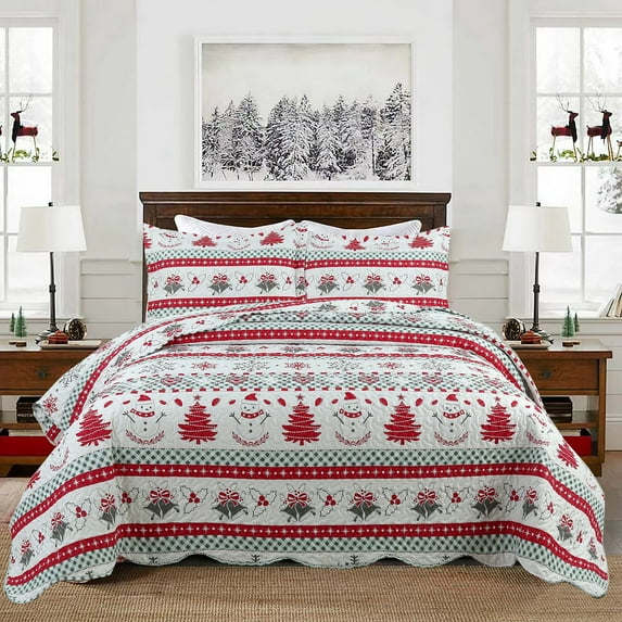 3 Pcs Reversible Christmas Quilt Bedspread Set - Festive Christmas Trees & Snowman Design C89