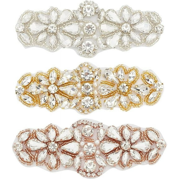 3 Pcs Rhinestone Appliques with Beads 3.9x1.4inch Iron on Hotfix Appliques Glass Crystal Pearl Rhinestone Appliques Flower Pattern Sew on Decals for Bridal Dress Sash Belt