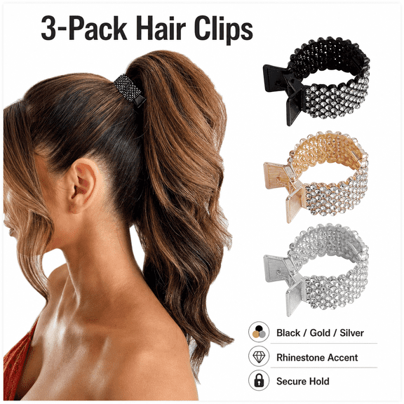 3 Pcs Rhinestone Ponytail Holder Clips, Metal Claw Clips for Ponytail, Non-Slip Hair Accessories for Women and Girls
