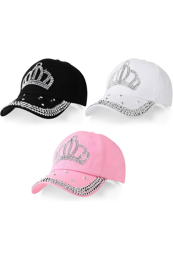 3 Pcs Rhinestone Women Baseball Cap Bling Crown Hats Adjustable Baseball Cap Cotton Jeweled Hats for Women Denim Golf Jeans Sun Hats for Cowboy Ball Gifts Costume Accessories