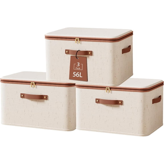 3 Pcs Rigid Storage Bins with Zipper Lid, Cotton Linen Fabric Storage Boxes, Foldable Shelves Clothes Storage Cubes with Handles for Wardrobe, Closet(Beige, 56L)