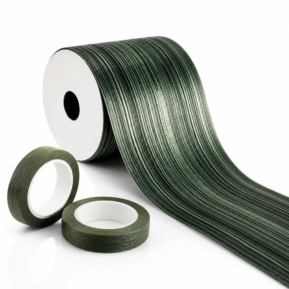 3 Pcs Rolls Dark Green Leaf Satin Ribbon and Floral Tapes Set , 4 inch x 50 yards Waterproof Ribbon for Florists, Wedding Bouquet Wrapping and Nature Craft Decorations
