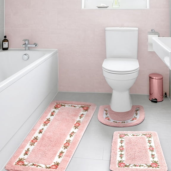 3 Pcs Rose Flowers Bathroom Rugs Set Coquette Room Decor Floral Carpet for Bathroom Bedroom Living Room, Floral Bath Mat Non Skid Romantic Rose Flower Area Rugs 3 Shapes (Pink,Large)