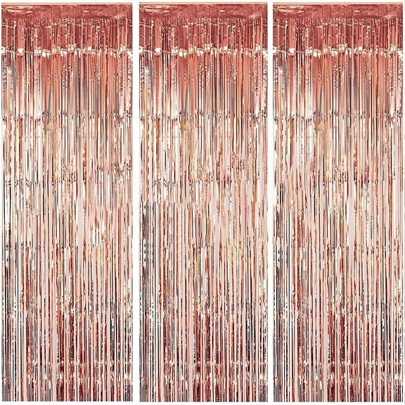 3 Pcs Rose Gold Metallic Foil Curtains,3.28ft x 6.56ft Fringe Rain Curtain Shine Photo Booth Backdrop Tinsel Curtain Streamer for Wedding Christmas New Year Baby Shower Celebration Party
