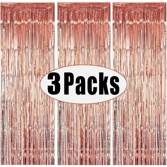 3 Pcs Rose Gold Metallic Foil Curtains, 3.28ft x 6.56ft Laser Glitter Fringe Rain Curtain Shine Photo Booth Backdrop Tinsel Curtain Streamer for Wedding Christmas New Year Celebration Party