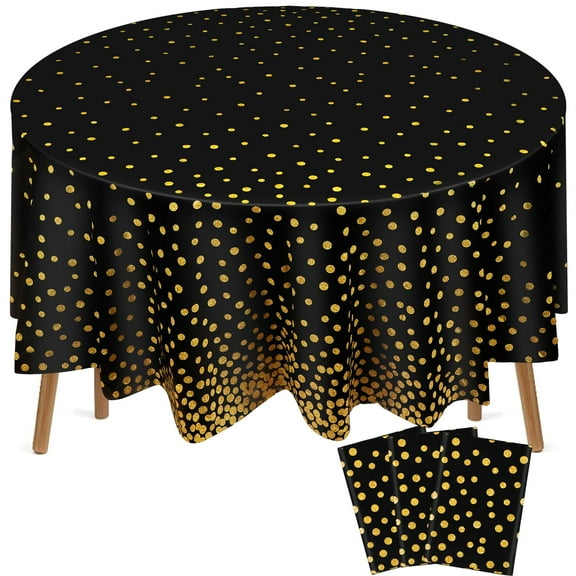 3 Pcs Round Dot Tablecloth, 84 Inch Plastic Disposable Table Covers, Elegant Confetti Tablecloths for Halloween Party, Thanksgiving Dinner,Bridal Shower, Birthday Decor, Black and Gold Dots