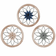 3 Pcs Round Farmhouse Wall Decor, 12" Rustic Wood Frame Wall Art with Metal Flowers, Vintage Flower Wall Hanging for Kitchen, Bathroom Living Room Bedroom Hallway and Outdoor Decor