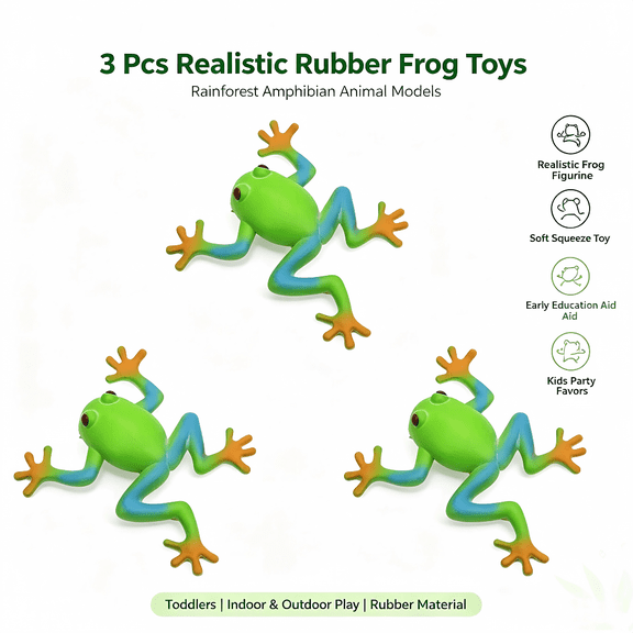 3 Pcs Rubber Frog Toys for Kids Realistic Green Frog Figurines, Rainforest Amphibian Animal Models, Soft Stress Relief Squeeze Toys, Early Education Teaching Aids, Party Favors