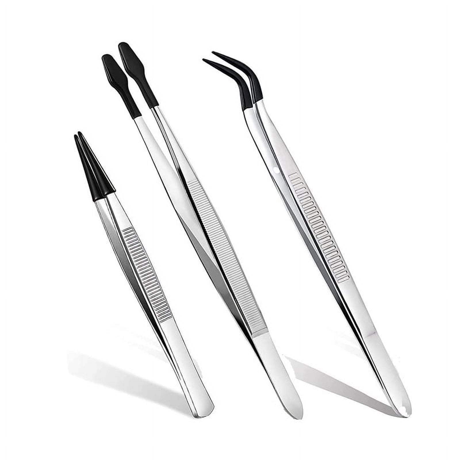 3 Pcs Rubber Tipped Tweezers, 6Inch Straight Flat Tweezers & 6Inch Bent Tip  Tweezers & 4.7Inch Pointed Tweezers 