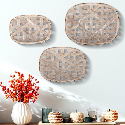 3 Pcs Rustic Baskets Decoration Vintage Woven Wooden Basket Farmhouse Wooden Nesting Trays Decorative Basket for Home Kitchen(18.9 x 12.6'', 15 x 11'', 12.6 x 8.7'')$$Home Decor, Kitchen, & Other