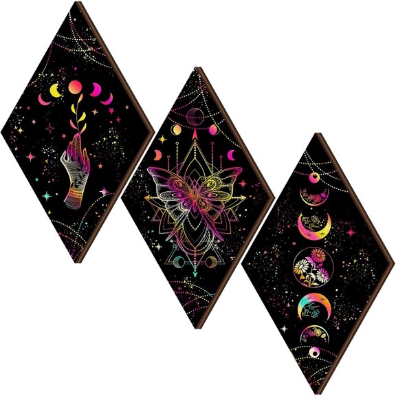 3 Pcs Rustic Boho Wall Decor Moon Phases Butterfly Wall Art Stars Moon Decor Minimalist Room Decoration Wooden Gothic Witchy Pediments Hanging Sign for Home(6.7 x 11.8 Inch,Black, Vivid)