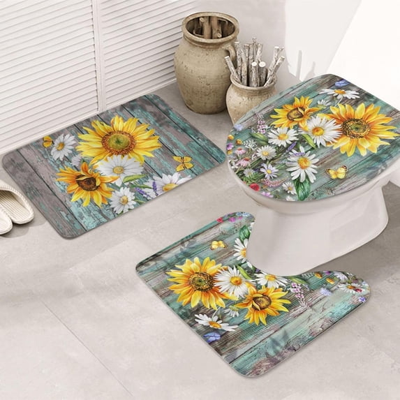 3 Pcs Rustic Farmhouse Bath Mat Set, Sunflower Daisy Wildflowers Butterflies Wooded Absorbent Bathroom Shower Bath Mats, Bathroom Decor Mat with Non Slip Backing