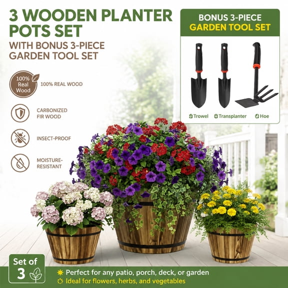 Luxury 20" Real Wood Whiskey Barrel Planter Set of 3 - Carbonized Fir Wood, Weather Resistant, Indoor/Outdoor Flower Pots for Garden Patio - Includes 3-Piece Professional Gardening Tool Kit