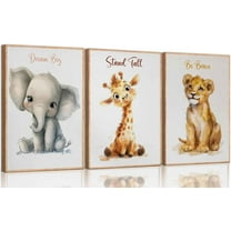 3 Pcs Safari Nursery Canvas Wall Art Kids Cute Inspirational Animal Lion Giraffe Elephant Painting Picture Wall Decor Poster Print Artwork for Baby Boys and Girls Room Home Decoration